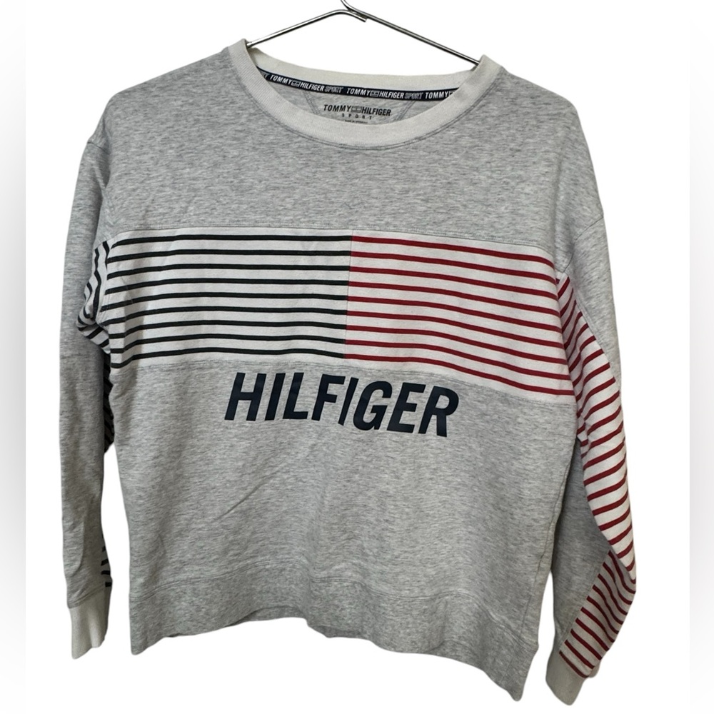 Vintage 90s Tommy Hilfiger Striped Gray Crew Neck Sweatshirt Women’s S